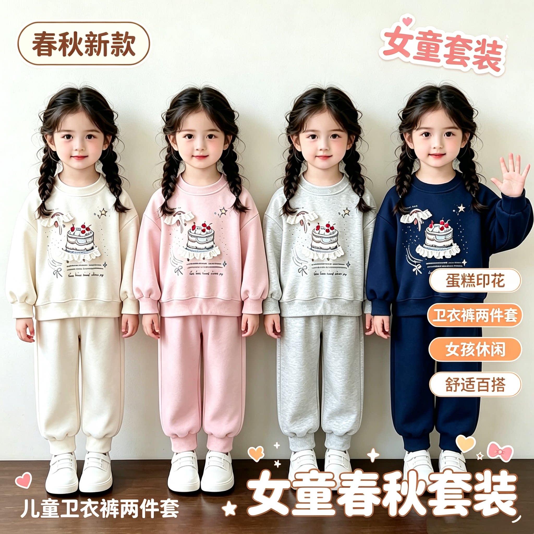 女童套装春秋新款儿童蛋糕印花卫衣裤两件套女孩休闲运动童装潮