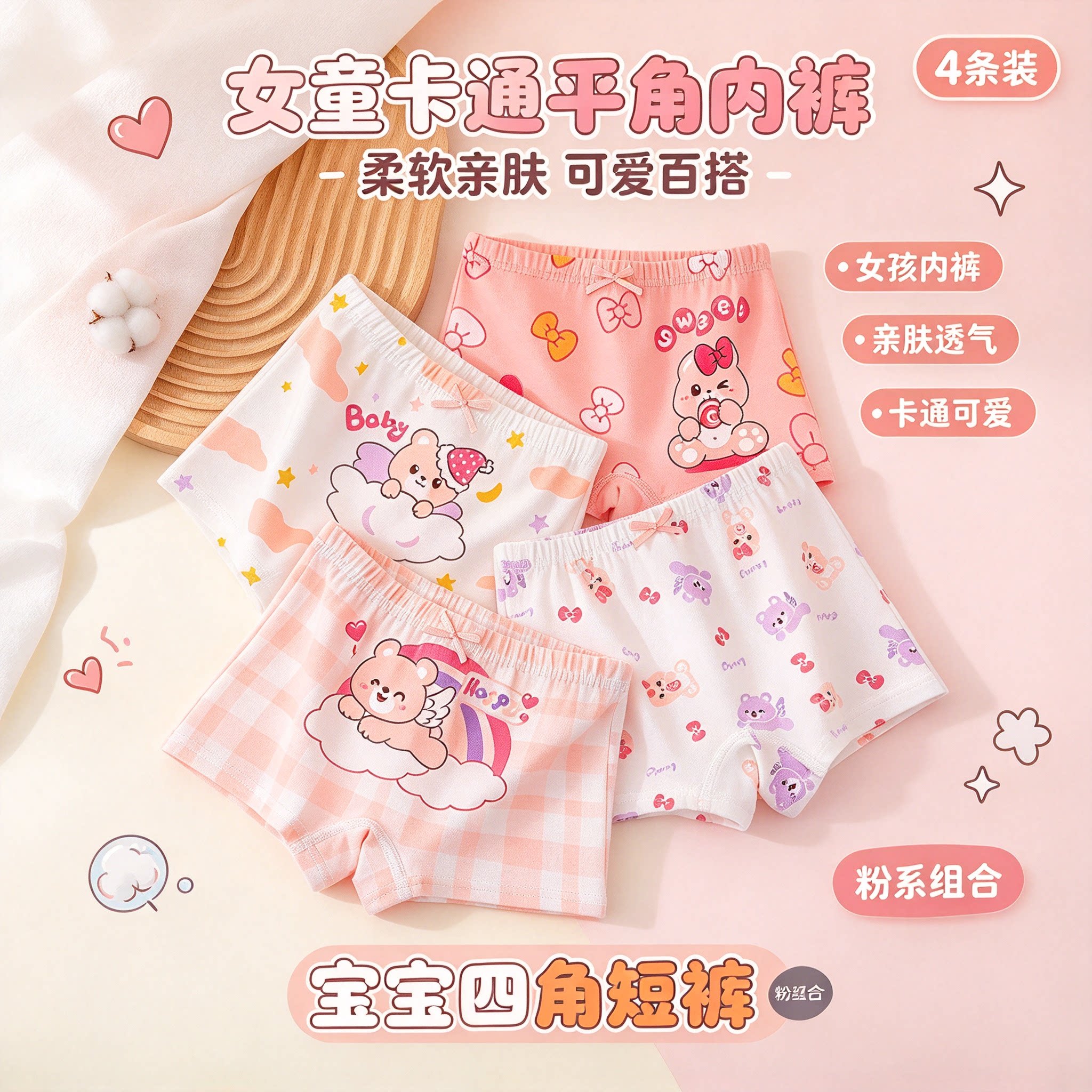 女童内裤儿童纯棉平角少女可爱舒适卡通短裤女大童无骨a类四角裤