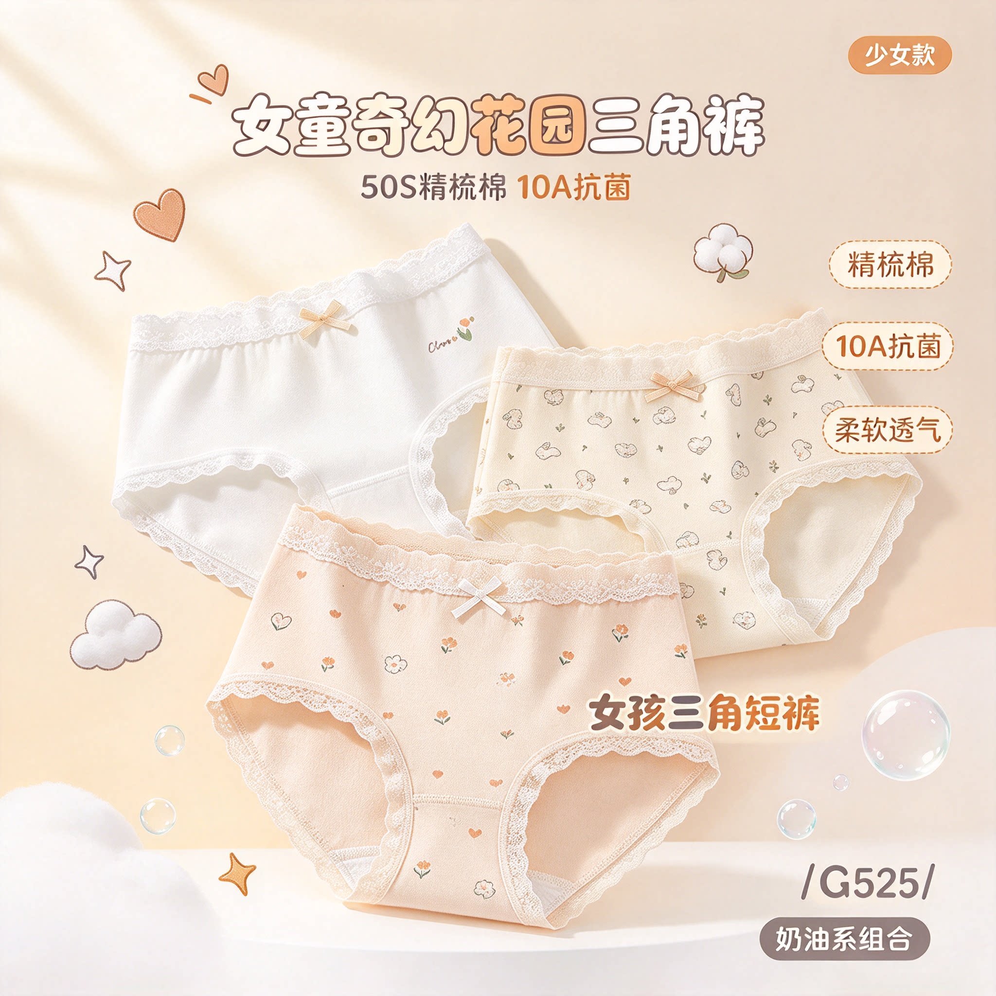 女童三角内裤少女学生 50S 精梳棉 10A 抗菌女孩中腰儿童短裤