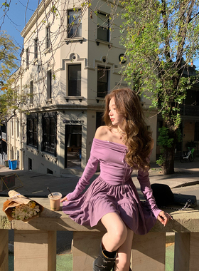 八盖pinky piggy 中古芭比Doll 紫色一字肩长袖连衣裙女收腰短裙