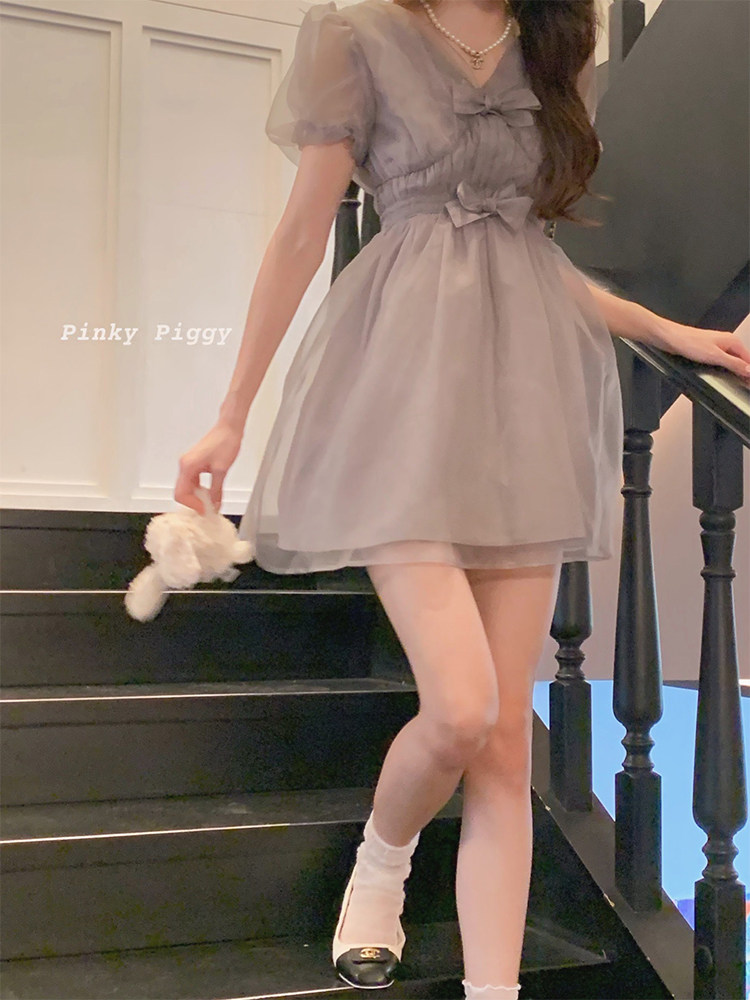 八盖pinky piggy 辛德瑞拉 可甜可咸V领高腰蝴蝶结仙女连衣裙女