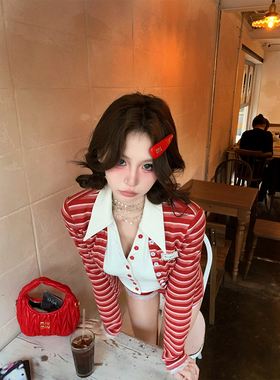 八盖pinky piggy APT！ 红色条纹假两件上衣套装女修身内搭两件套