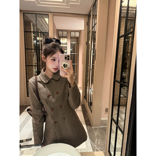 八盖pinky piggy 中欧格式 千鸟格棕系夹棉外套女娃娃领收腰上衣