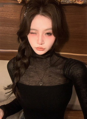 八盖pinky piggy 纯欲天菜  赫本风黑色微透针织衫女修身内搭上衣