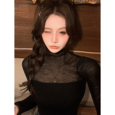 八盖pinky piggy 纯欲天菜  赫本风黑色微透针织衫女修身内搭上衣