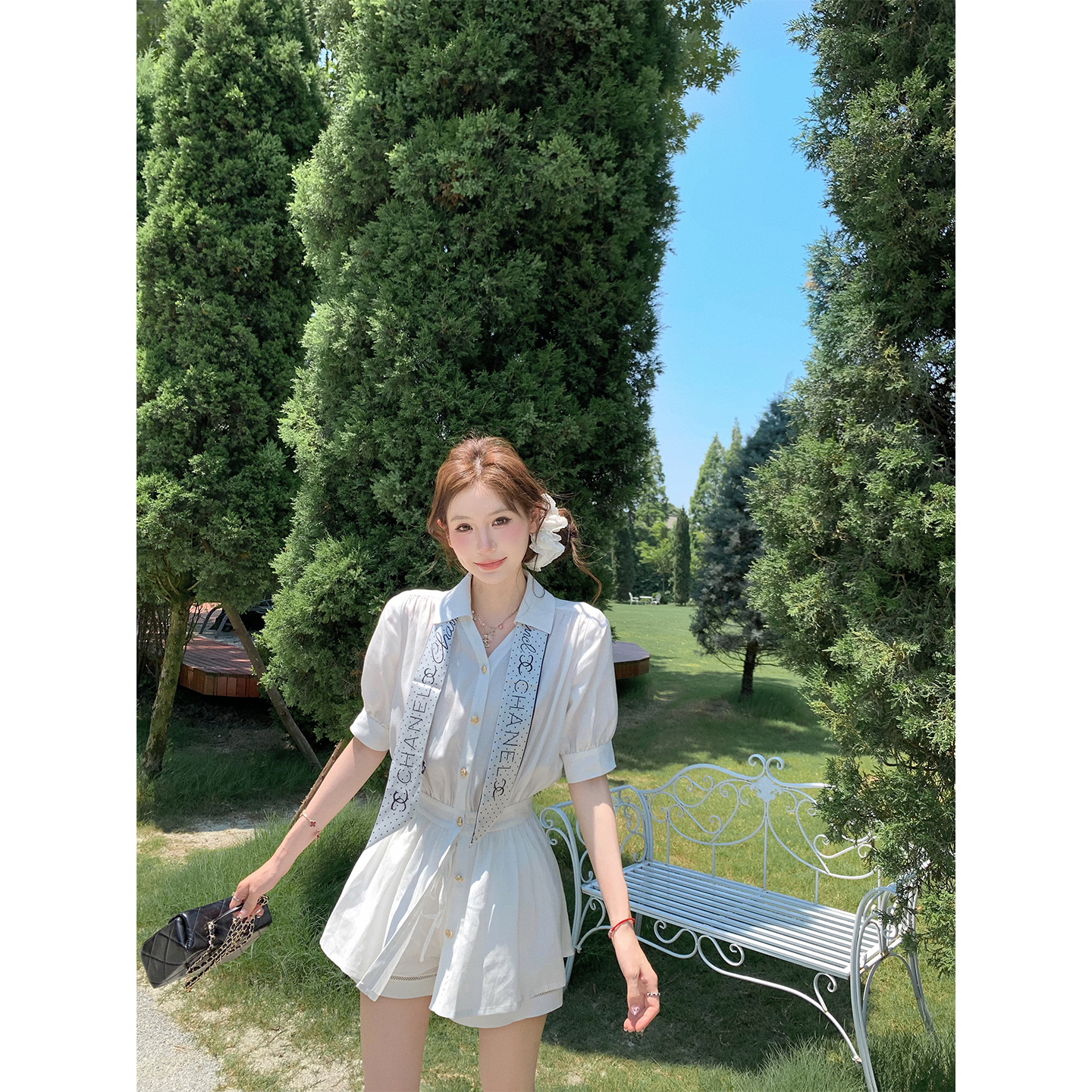 八盖pinky piggy 松弛氧气 两色亚麻收腰上衣套装女高腰遮胯短裤