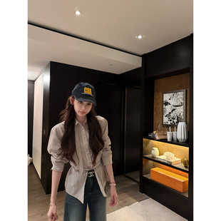 八盖pinky piggy 逊德里曼层 韩系全棉两穿条纹收腰衬衫通勤上衣