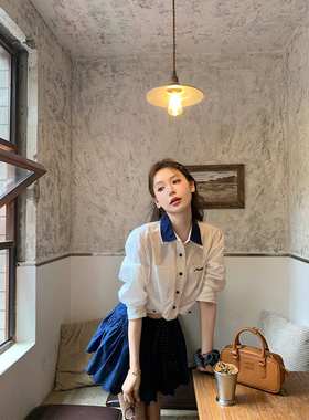 八盖pinky piggy 少女的征途 学院风双层领扭结衬衣宽松短款上衣