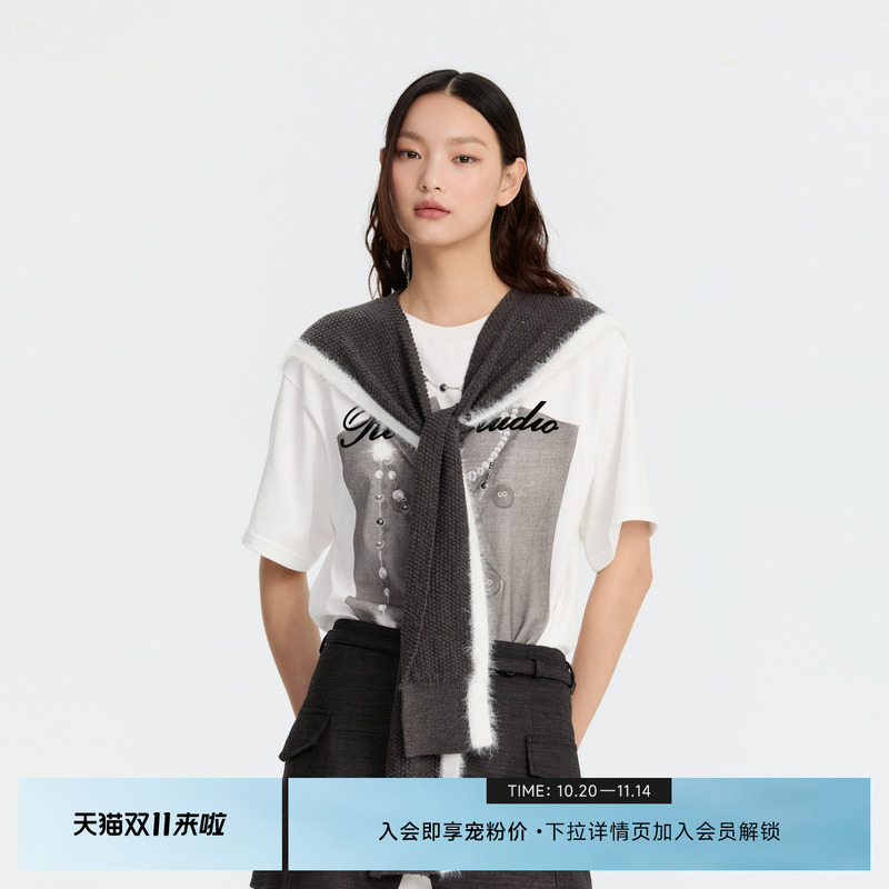 REVAN芮范奥莱冬季设计师款毛织披肩印花T恤连衣裙RM91101288