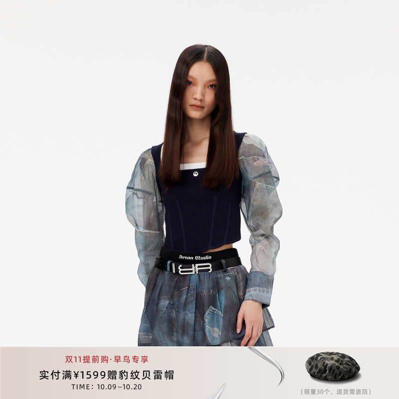 REVAN芮范奥莱2024春季新品辣妹风拼接牛仔短单衣RM10801065
