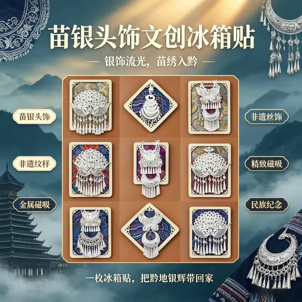 贵州云南苗族苗银头饰文创冰箱贴
