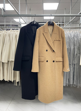 正肩直筒简约大气长毛韩版双面羊毛大衣女加厚西装领秋冬毛呢外套