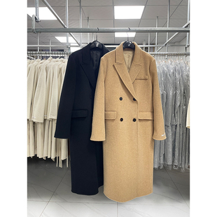 正肩直筒简约大气长毛韩版双面羊毛大衣女加厚西装领秋冬毛呢外套