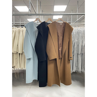 2025韩版秋冬新款双面羊毛大衣女中长款连帽浴袍大气系带毛呢外套