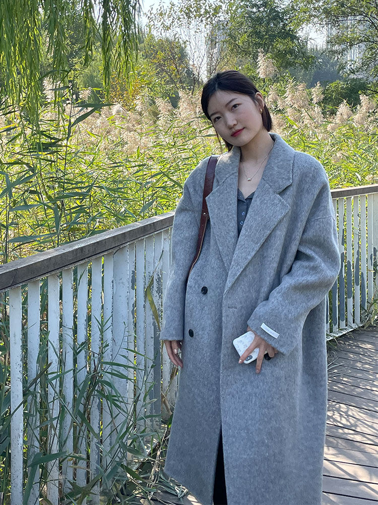 大连青梅秋冬新款双面羊绒大衣女中长经典茧型灰色羊驼绒毛呢外套