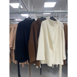 2025秋冬新款双面羊毛大衣女短款立领韩版长毛系带大气毛呢外套