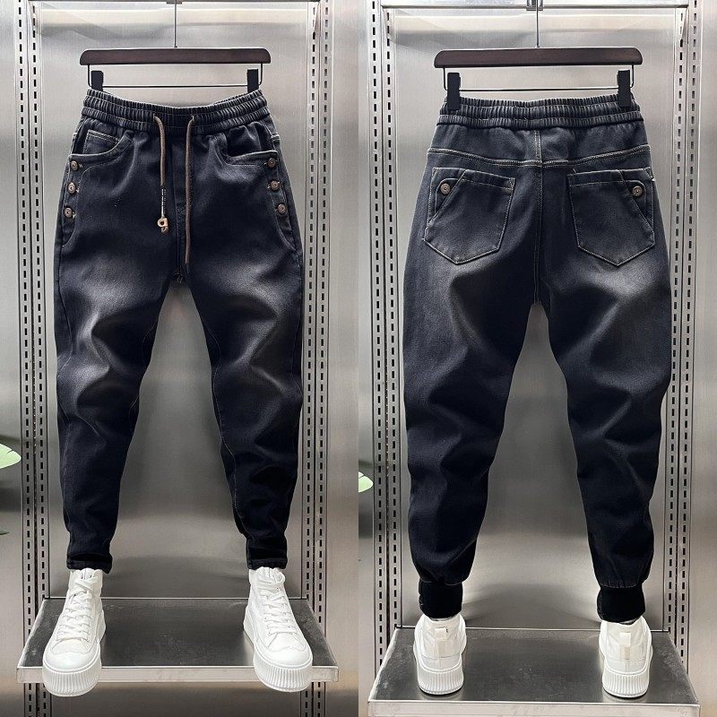 黑色潮流裤子纽扣装饰哈伦裤束脚春季高级感黑武士高级感男牛仔裤,男装,牛仔裤,淘宝优惠券,粉丝福利购,淘宝优惠卷