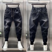 子纽扣装 饰哈伦裤 束脚春季 黑色潮流裤 高级感黑武士高级感男牛仔裤