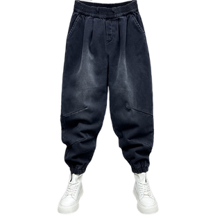 男士加绒牛仔裤冬季潮牌宽松时尚哈伦裤韩版美式痞帅加厚束脚裤