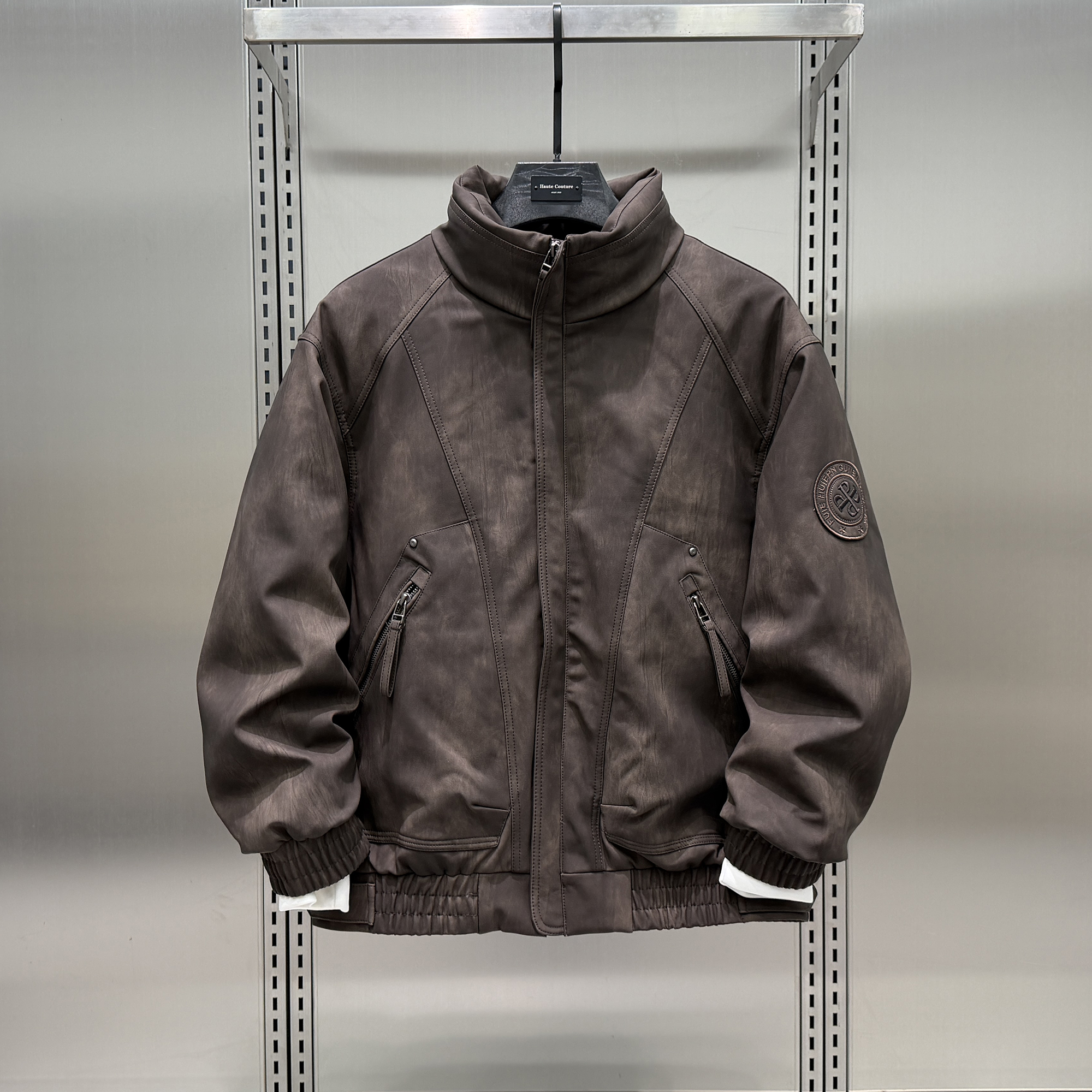 2025冬季新款潮牌立领皮衣羽绒服