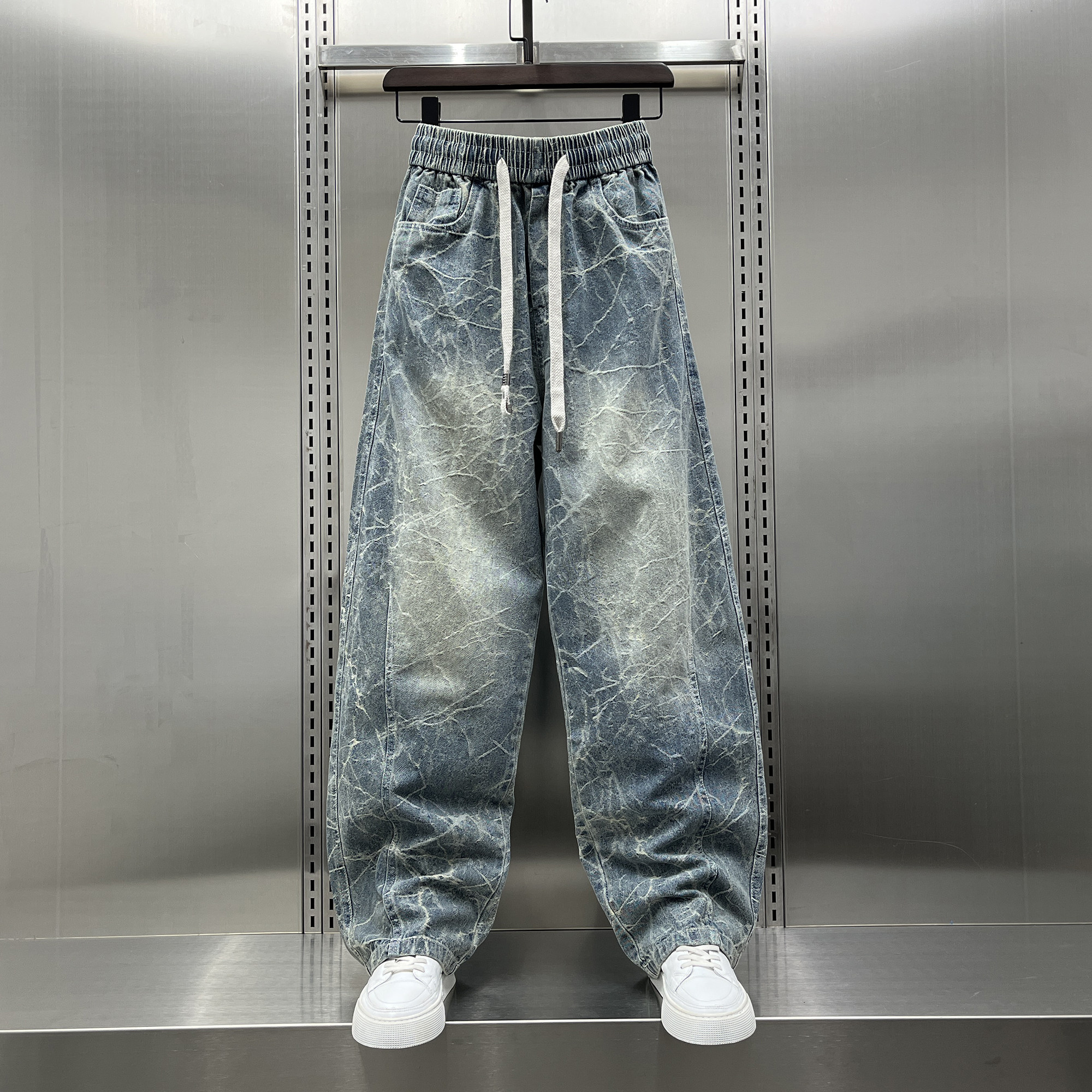 美式风提花常规款水洗做旧牛仔裤男春季宽松直筒长裤街头休闲潮流