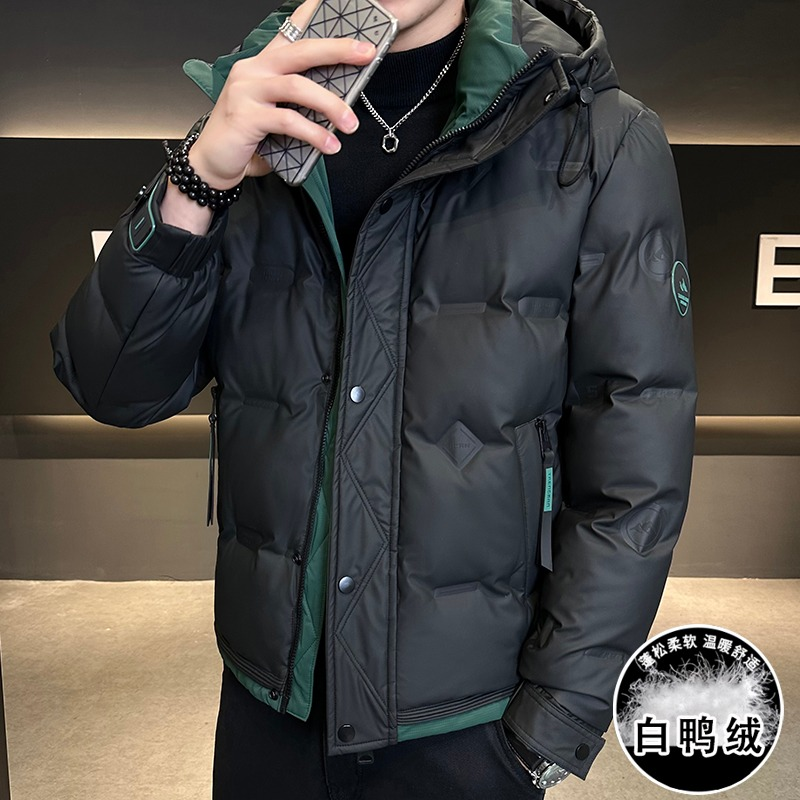 冬季加厚男士连帽宽松外套青年时尚百搭拼色韩版修身轻薄羽绒服潮