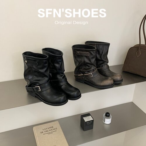 SFN女鞋~韩版复古低跟堆堆牛仔靴