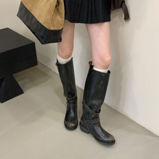 复古真皮长筒靴女2025新款 粗跟厚底西部靴子废土风骑士靴机车长靴