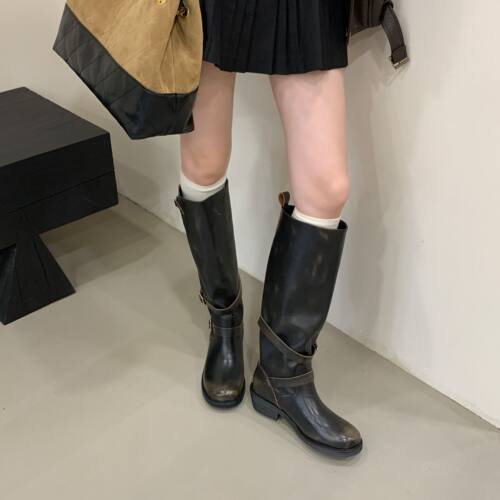 复古真皮长筒靴女厚底西部靴子潮