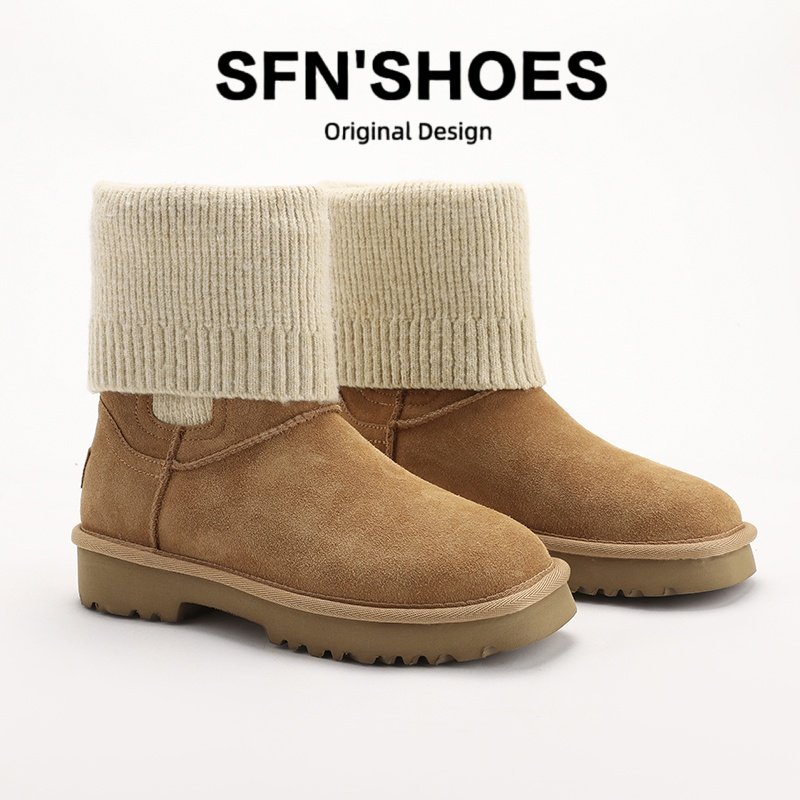 牛皮版~冬季新款针织翻边雪地靴女短筒保暖毛绒靴子方头切尔西靴,女鞋,切尔西靴,淘宝优惠券,粉丝福利购,淘宝优惠卷