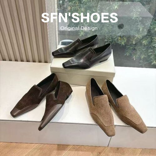 羊皮一脚蹬小方头乐福鞋女通勤