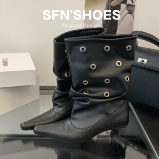 韩版尖头铆钉堆堆靴女褶皱中筒短靴子中跟瘦瘦靴小众设计感高跟靴