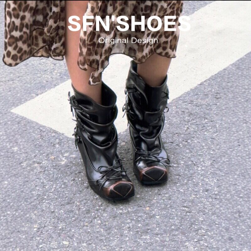 SFN女鞋~小众复古方头猫跟短靴女