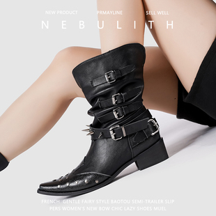 真皮朋克马丁靴女款2025英伦风尖头粗跟铆钉西部短靴小众骑士靴子