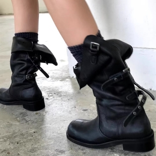 韩版 小众设计长靴子女韩国真皮复古两穿中筒靴废土风皮带扣马丁靴