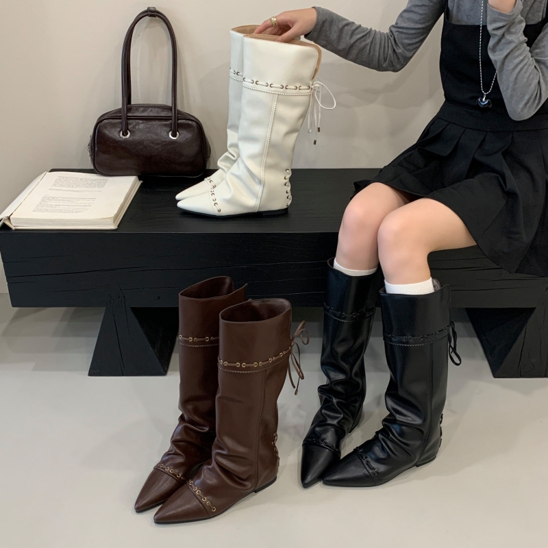 两穿尖头长靴百搭堆堆靴骑士靴女