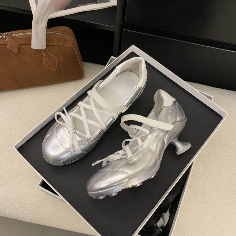 2026春季新款银色交叉带芭蕾舞单鞋女蝴蝶结高跟小众设计玛丽珍鞋 - SFN女鞋出品