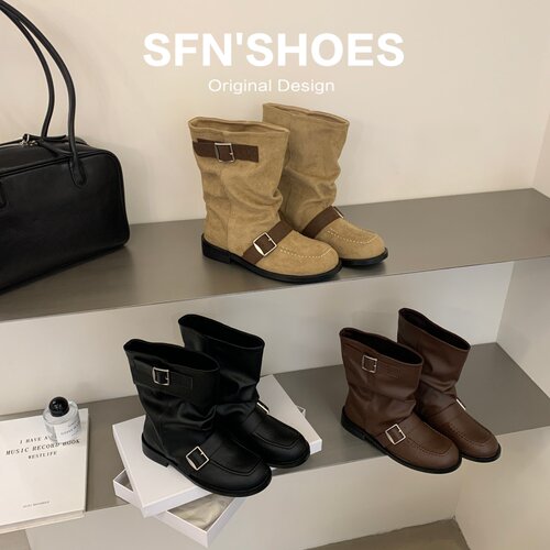 韩版复古皮带扣低跟堆堆靴女显瘦