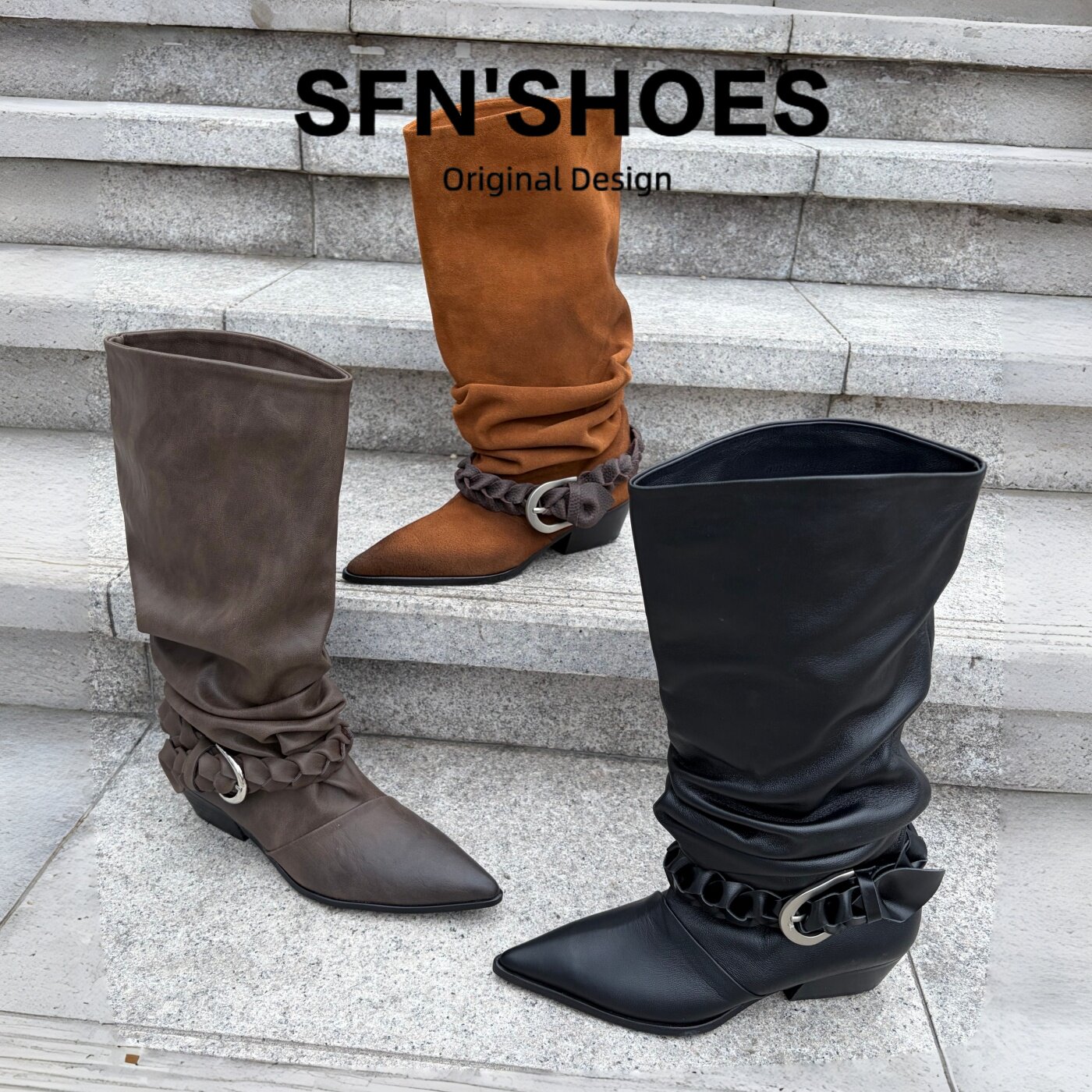 欧美风尖头褶皱堆堆靴女2026新款皮带扣粗跟中筒骑士靴高筒长靴子