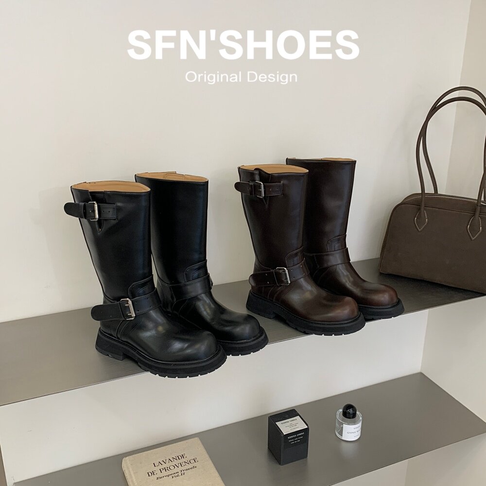 SFN鞋~韩版皮带扣厚底中筒骑士靴