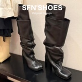 羊皮 粗跟方头褶皱堆堆靴高筒骑士靴 黑色高跟长靴女2025秋冬新款