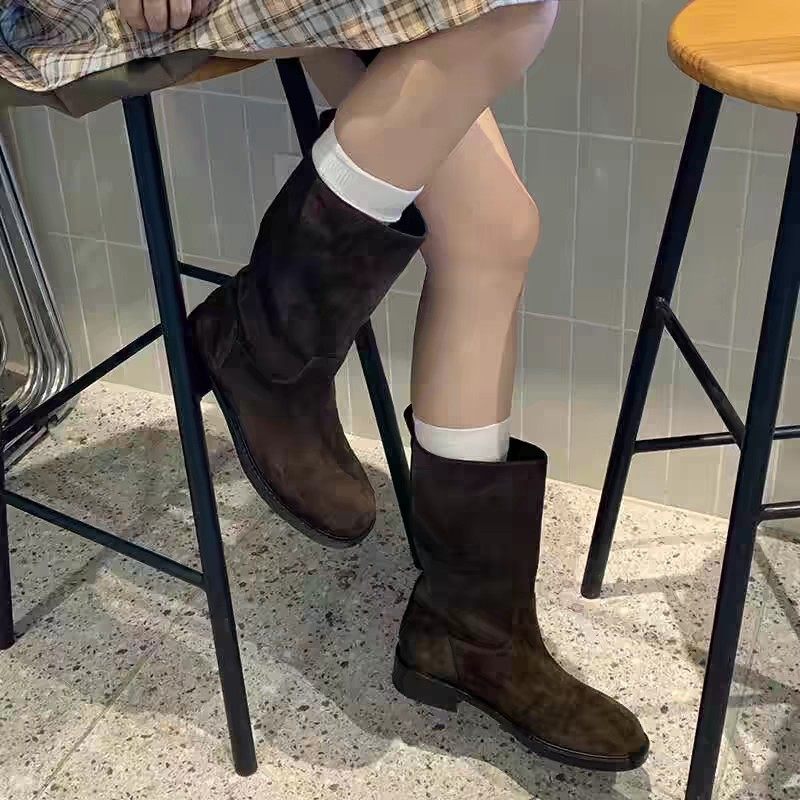 韩版真皮烟筒靴女款复古麂皮短靴