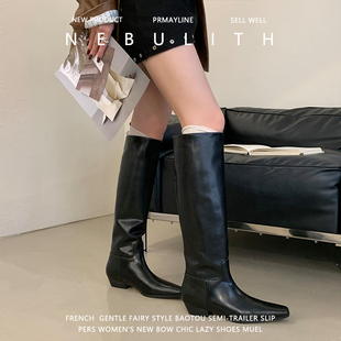 牛皮版~真皮方头显瘦高筒骑士靴女2025新款宽筒长靴大筒围堆堆靴