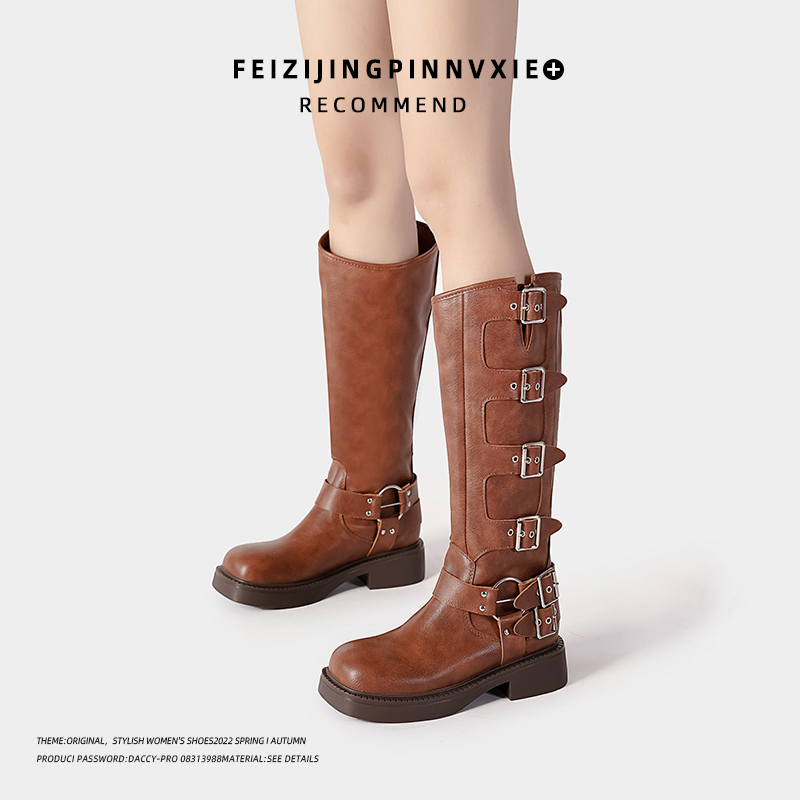 美拉德风不过膝长筒靴女真皮复古