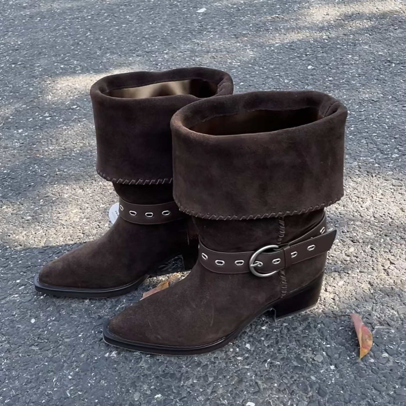 2025新款复古堆堆靴女复古褶皱尖头西部牛仔短靴方枪枪同款骑士靴,女鞋,时装靴,淘宝优惠券,粉丝福利购,淘宝优惠卷