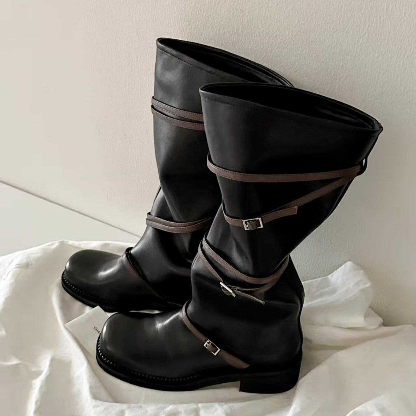 韩国小众设计感复古骑士靴长筒靴