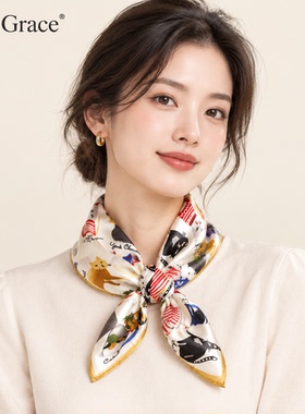 真丝桑蚕丝小方巾丝巾女卡通猫咪系脖高级感夏季防晒薄款领巾韩系