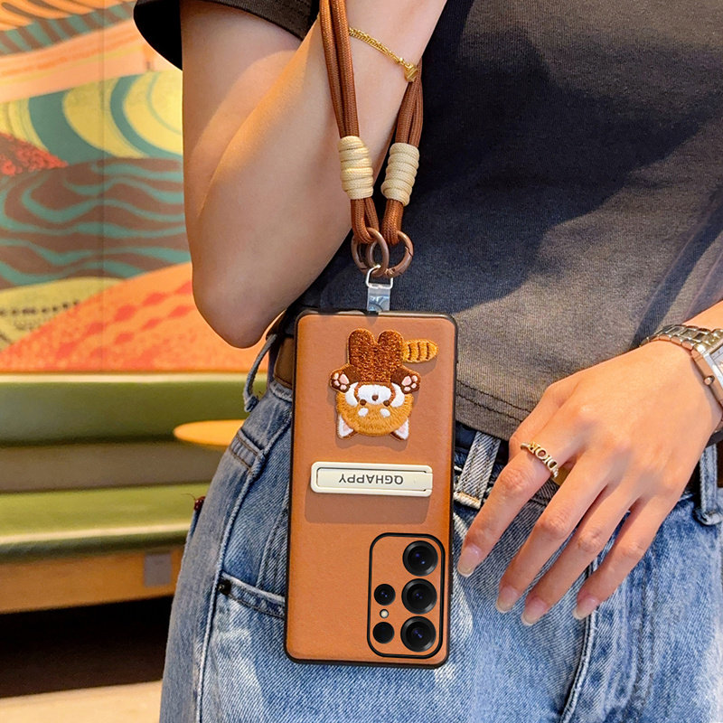 适用三星s25手机壳高级感棕s25+/S24+/S23+保护套全包防摔s25Ultra奢华创意S24Ultra刺绣猫白色支架