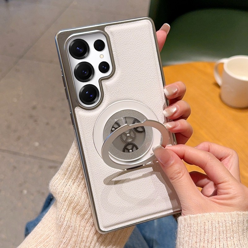 适用三星s24手机壳简约时尚高端硬壳商务皮质s24+保护套齿轮旋转支架个性磁吸S24Ultra电镀皮纹