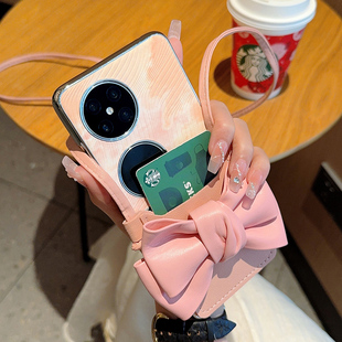 适用于华为Pocket2手机壳创意时尚少女心防摔蝴蝶结挂绳卡包华为pocket2电镀边框折叠皮纹壳Pocket2网红女款